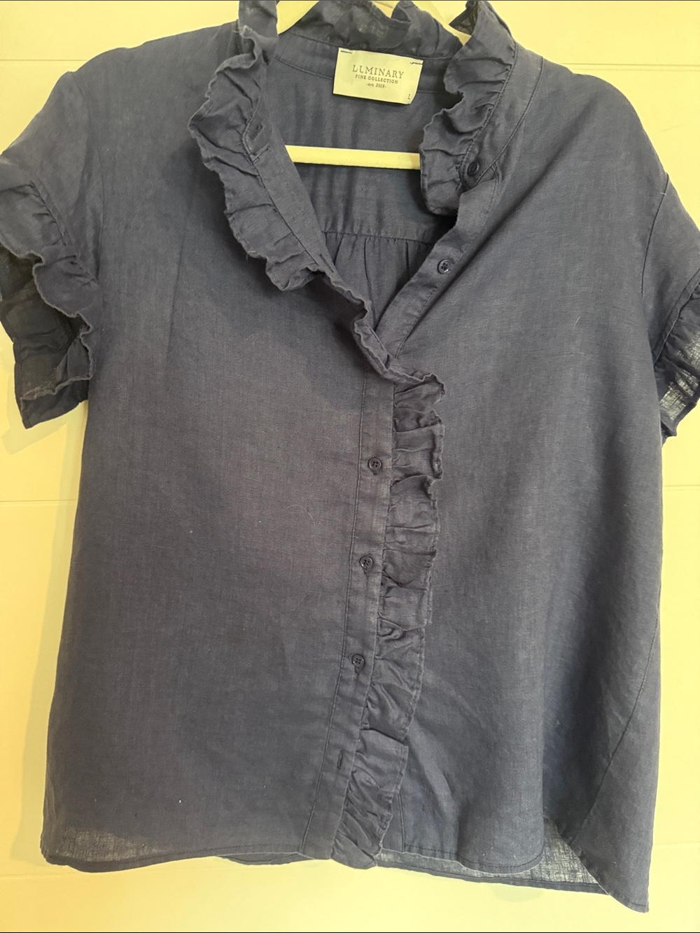 Luminary Ruffled Button-Front Linen Top - Navy like new